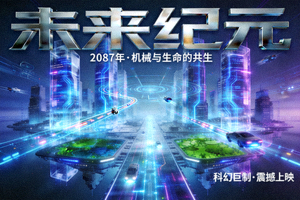 未来世界科幻剧海报，高科技城市场景